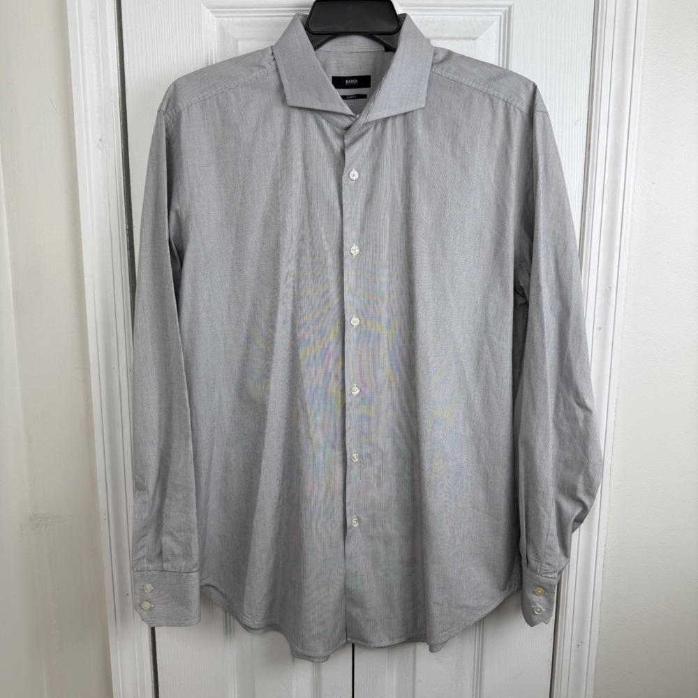 BOSS Hugo Boss Slim Fit Dress Shirt Mens XXL Grey Pin Dot Pattern Long‎ Sleeve